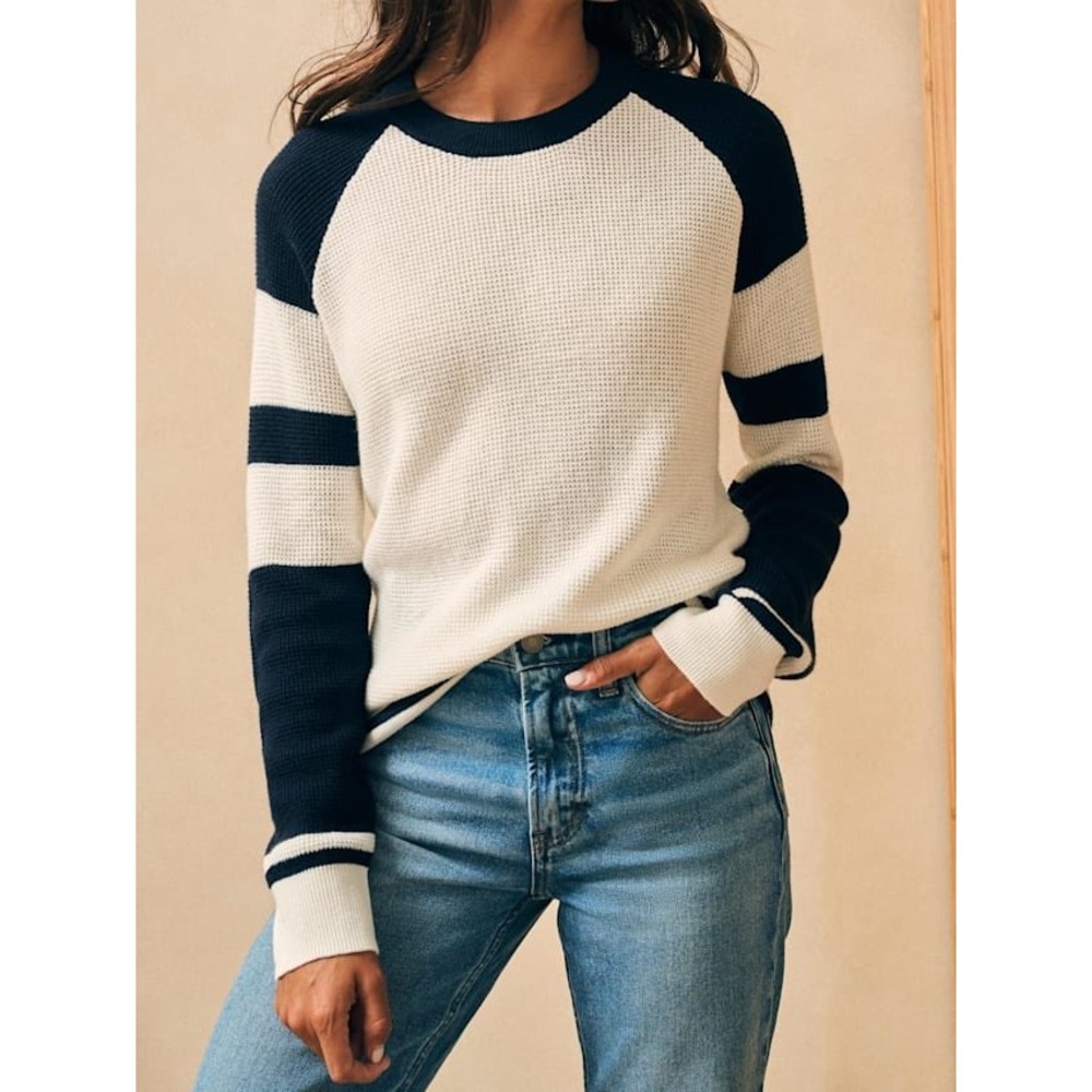 Faherty Women's Throwback Waffle Knit Sweater Navy White Sz S Cotton Cashmere